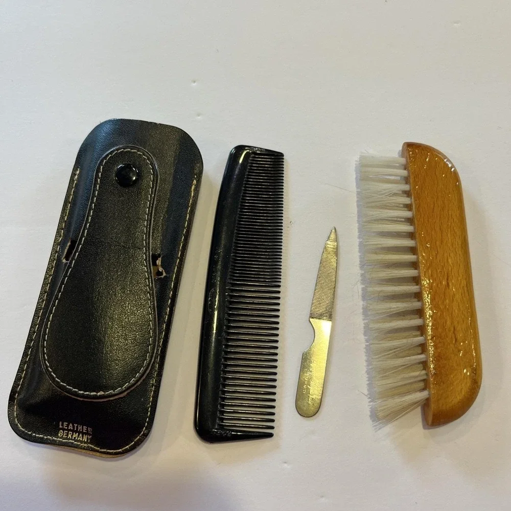 Rare Antique Clothes Vanity Brush,comb,file w/black Leather Case/Made In Germany